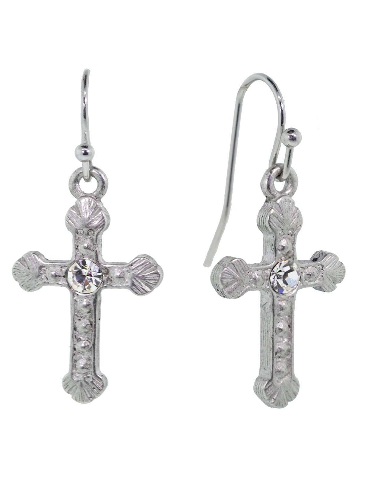 1928 Jewelry Crystal Accent Ornate Silver Tone Cross Drop Earrings