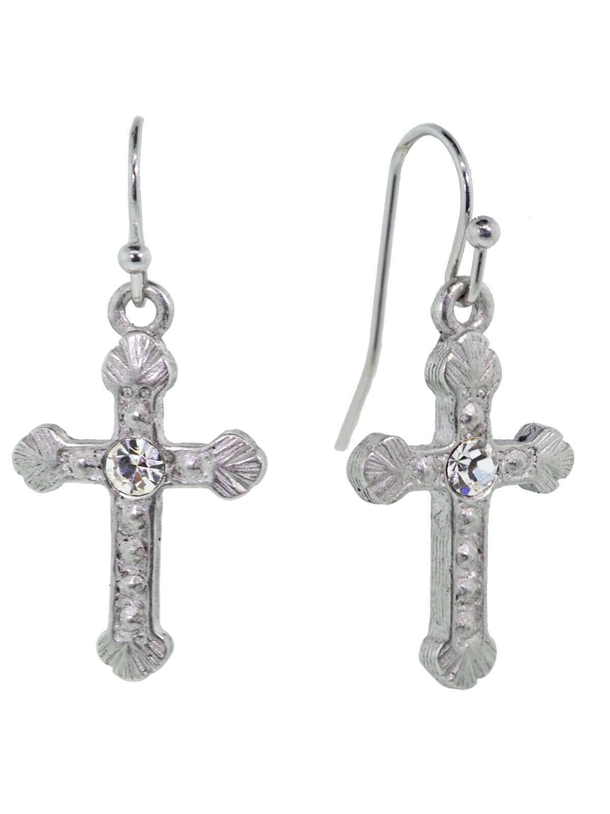 1928 Jewelry Crystal Accent Ornate Silver Tone Cross Drop Earrings