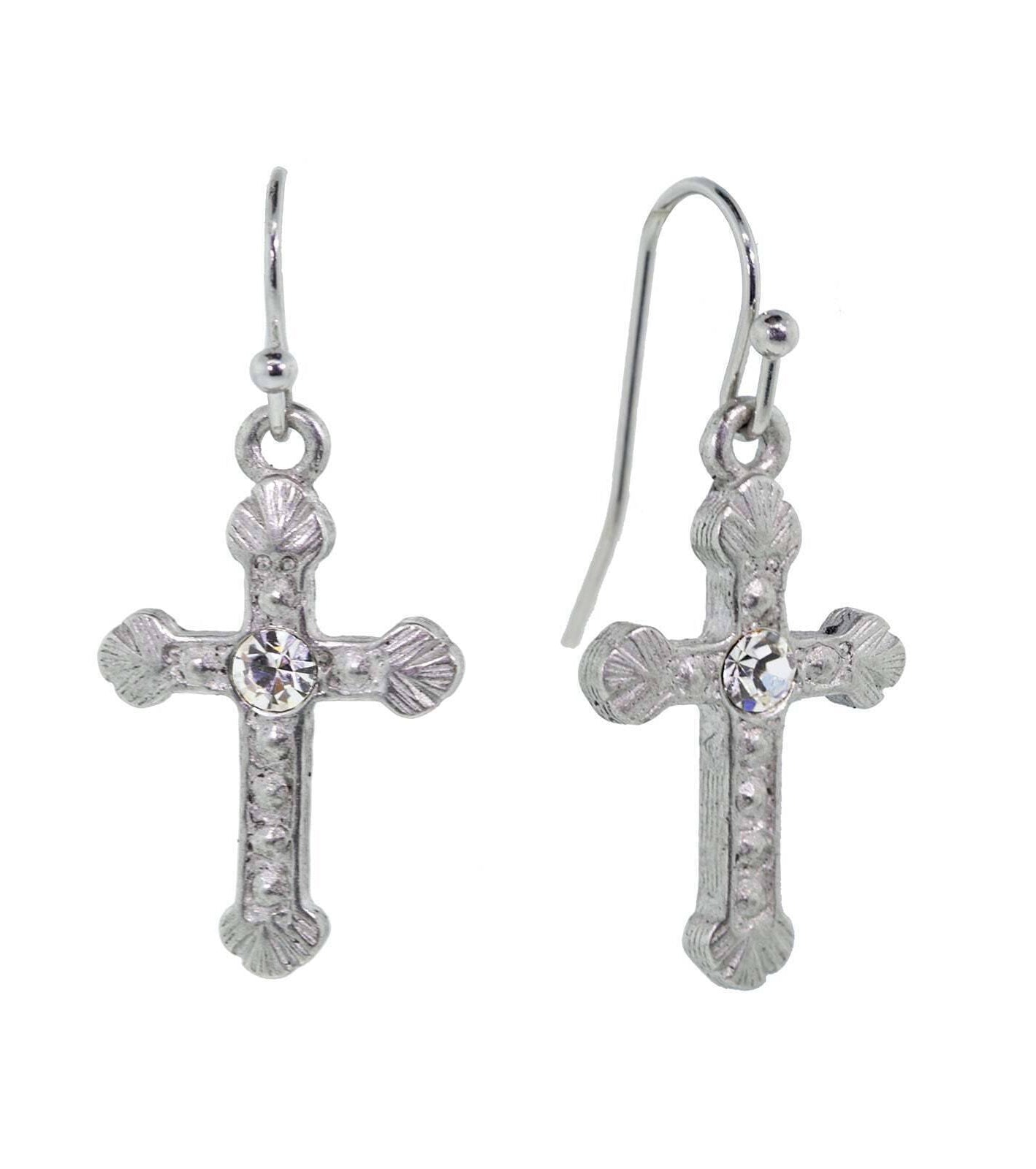 1928 Jewelry Crystal Accent Ornate Silver Tone Cross Drop Earrings