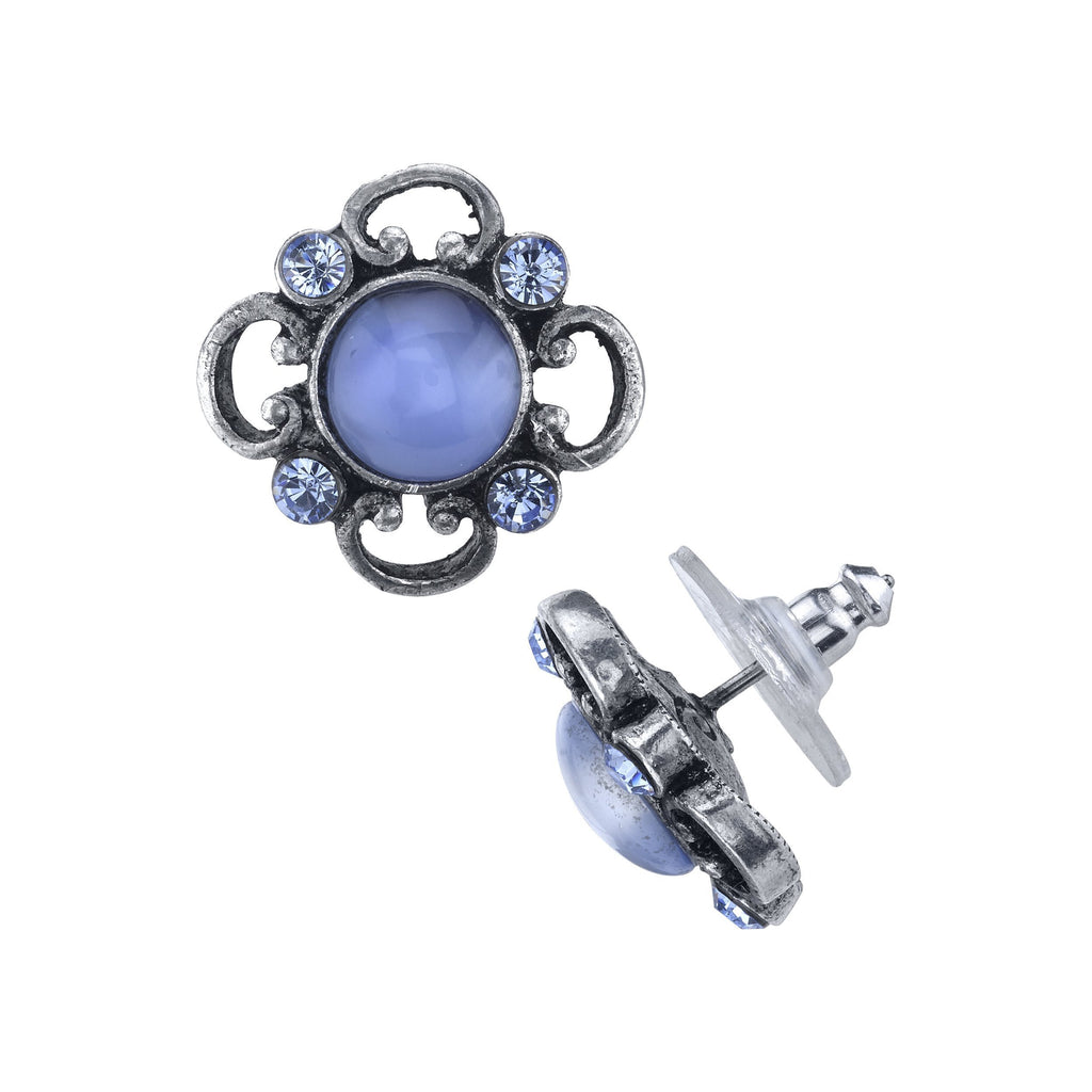 Pewter Tone Lt. Blue Moonstone And Crystal Accent Post Button Earrings