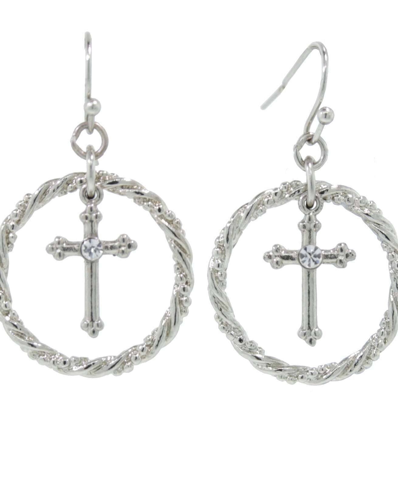 1928 Jewelry Suspended Crystal Accent Cross Silver Rope Hoop Drop Earrings