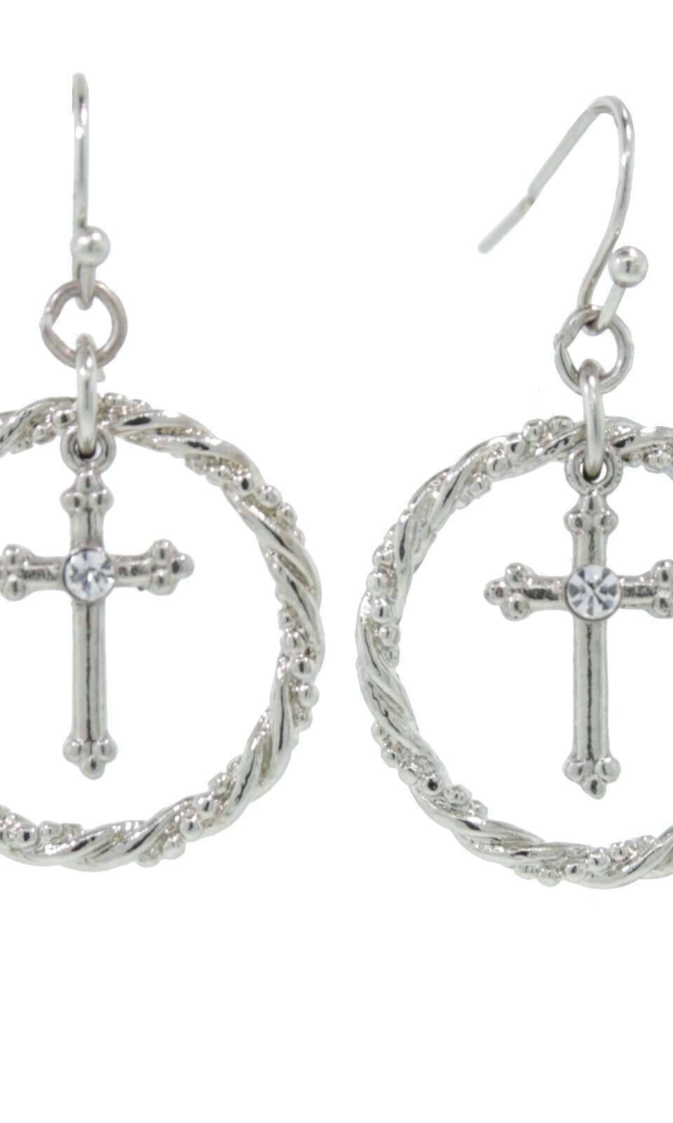 1928 Jewelry Suspended Crystal Accent Cross Silver Rope Hoop Drop Earrings