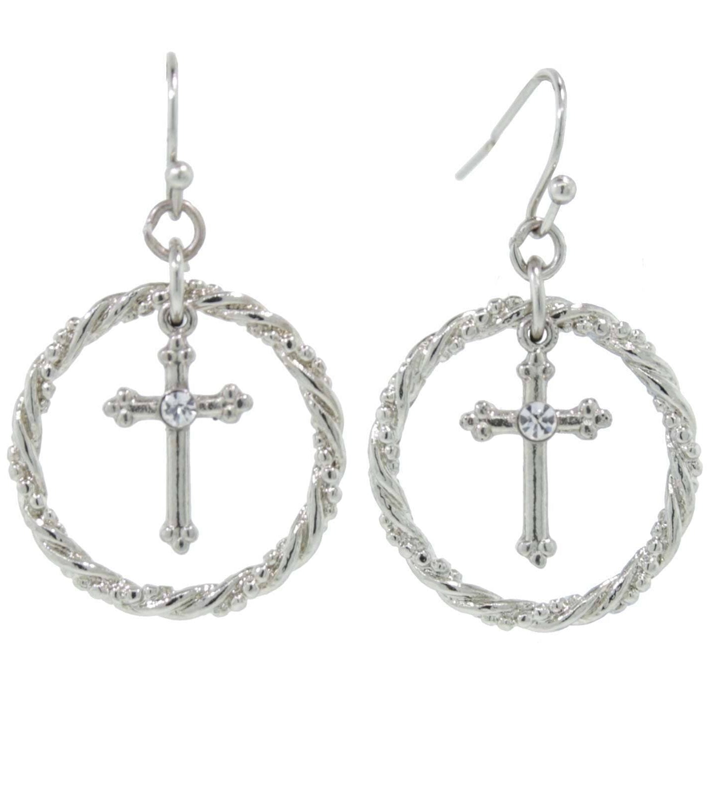 1928 Jewelry Suspended Crystal Accent Cross Silver Rope Hoop Drop Earrings
