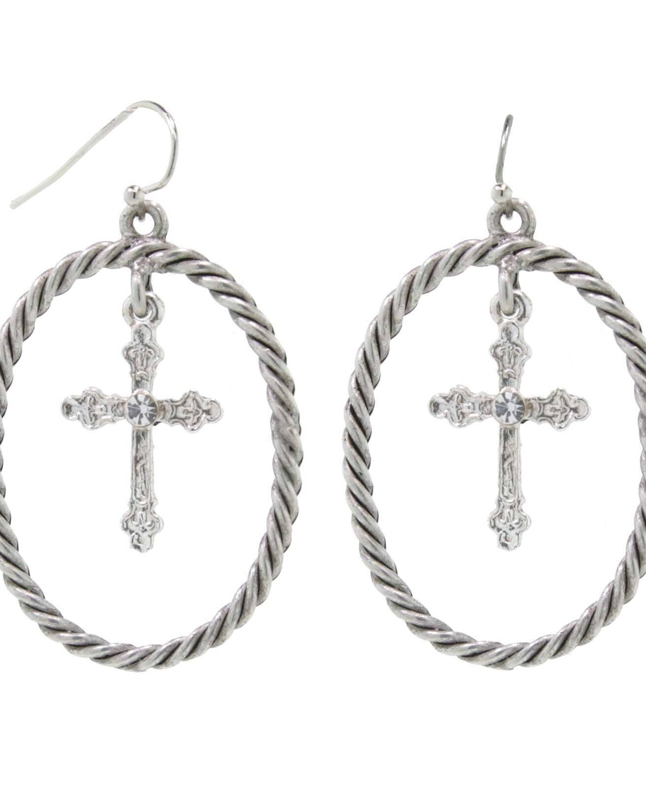 2028 Jewelry Crystal Accent Suspended Cross Drop Hoop Earrings