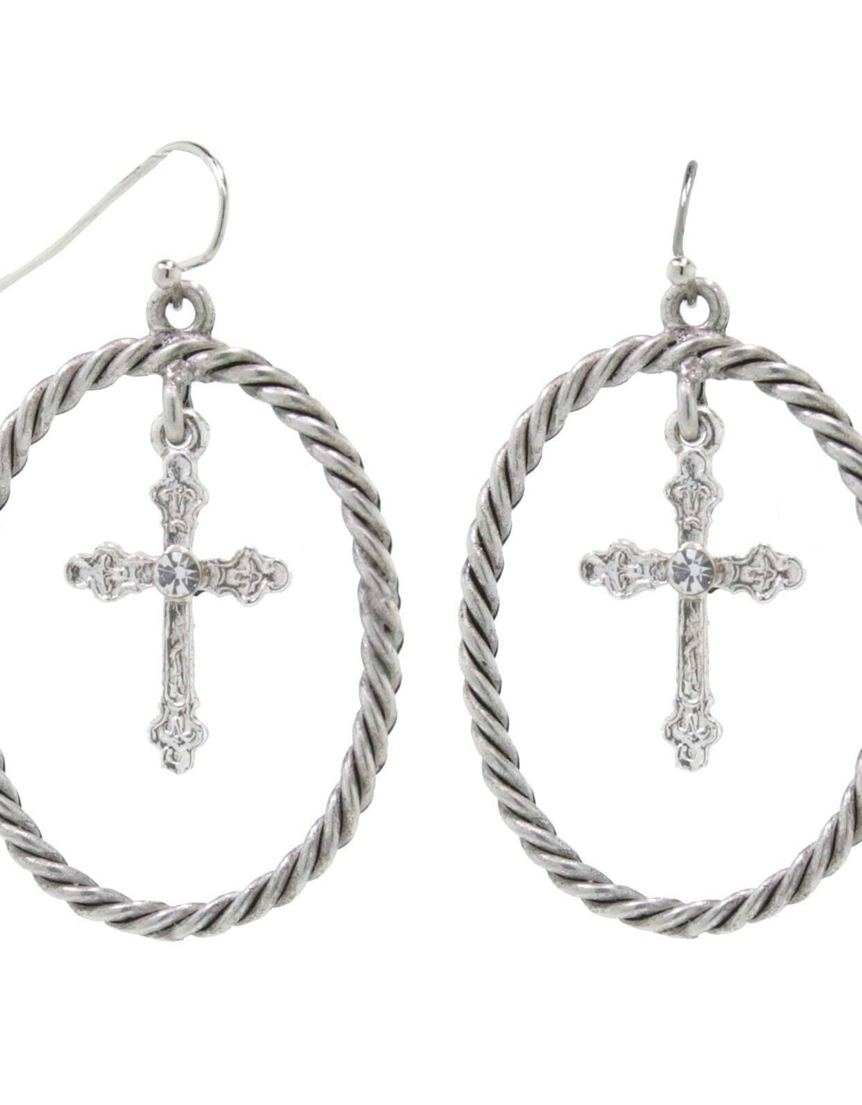 2028 Jewelry Crystal Accent Suspended Cross Drop Hoop Earrings