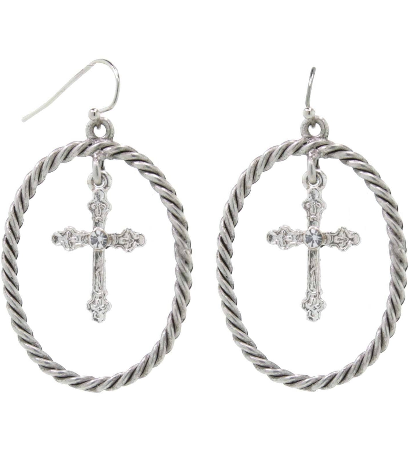 2028 Jewelry Crystal Accent Suspended Cross Drop Hoop Earrings