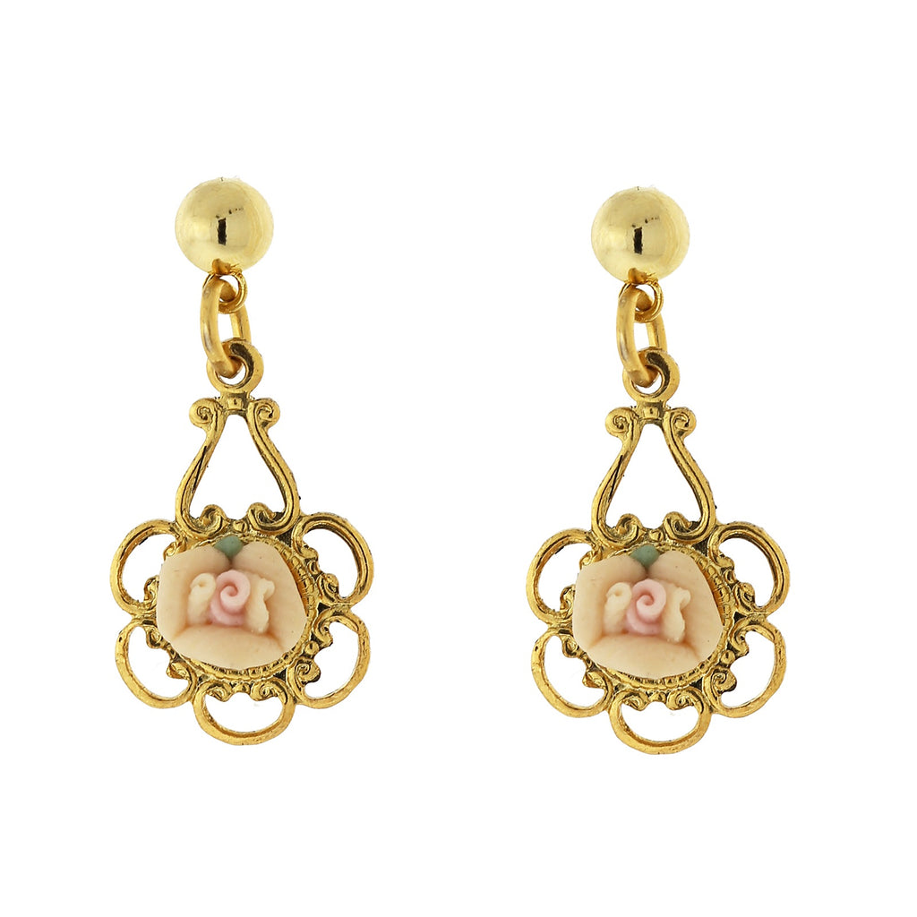 Gold-Tone Porcelain Rose Drop Earrings