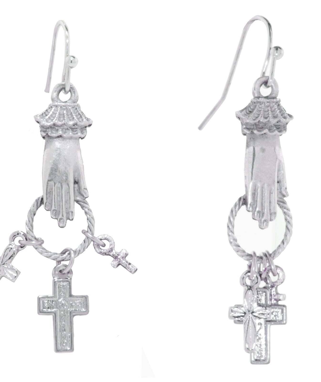 1928 Jewelry Silver Hand And Cross Charm Drop Earrings
