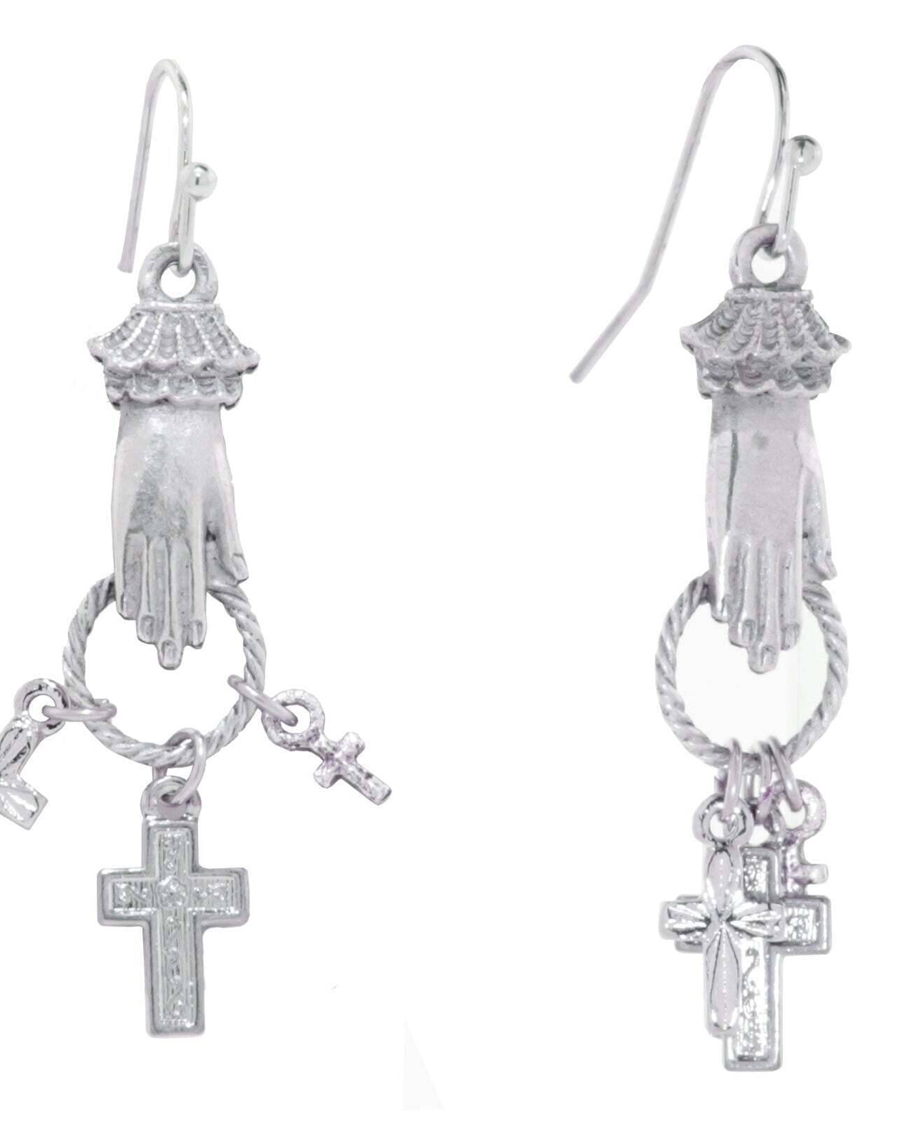 1928 Jewelry Silver Hand And Cross Charm Drop Earrings