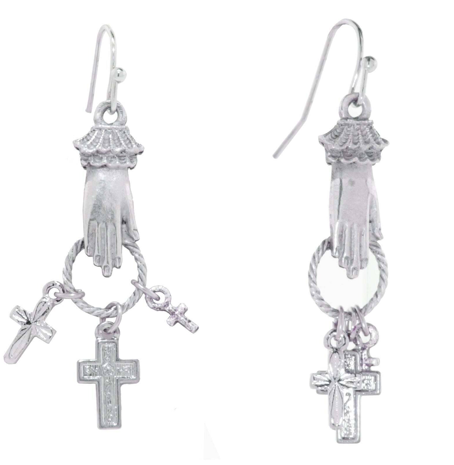 1928 Jewelry Silver Hand And Cross Charm Drop Earrings