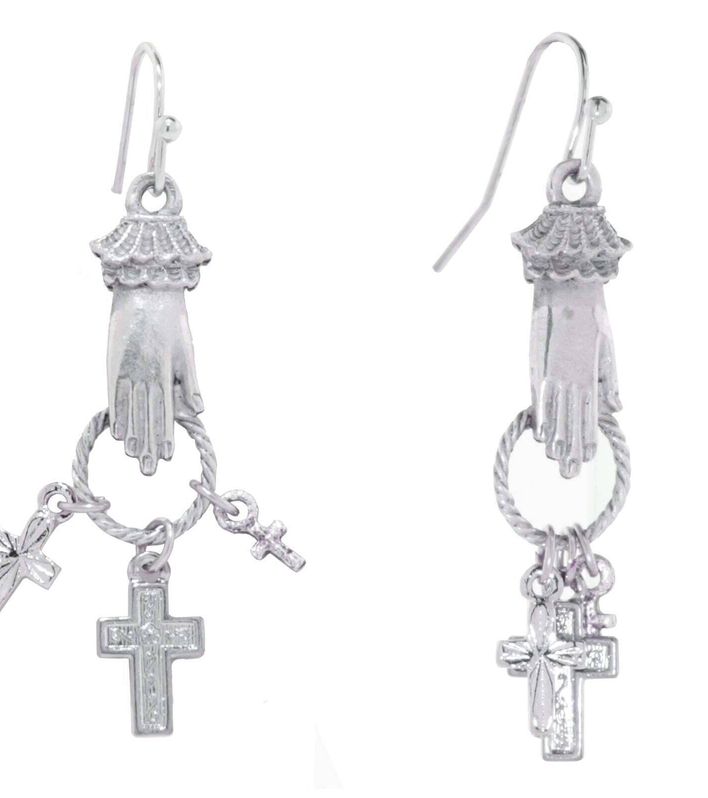 1928 Jewelry Silver Hand And Cross Charm Drop Earrings