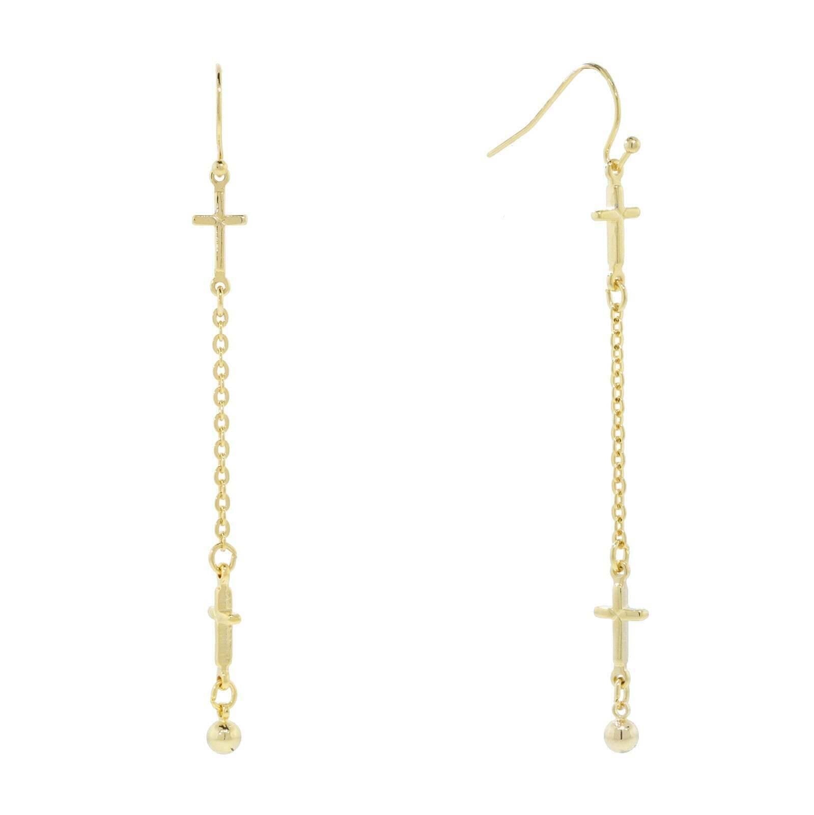 2028 Jewelry Gold Double Cross Chain Linear Drop Earrings