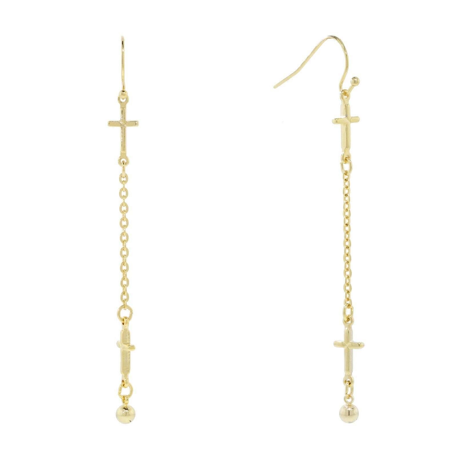 2028 Jewelry Gold Double Cross Chain Linear Drop Earrings