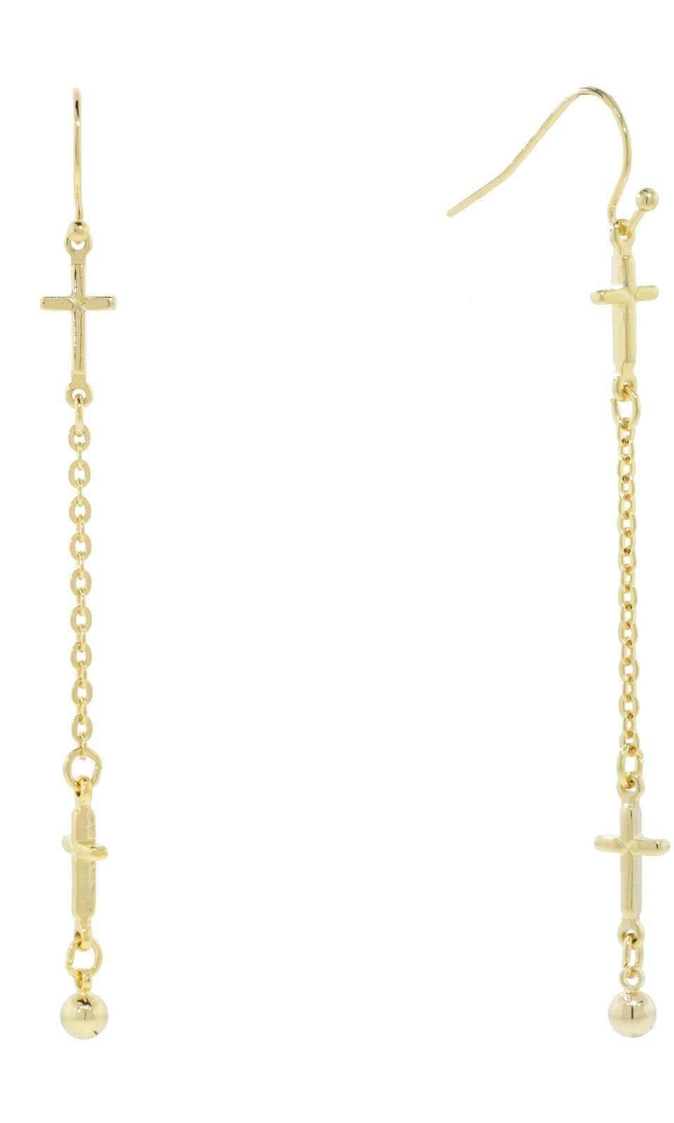 2028 Jewelry Gold Double Cross Chain Linear Drop Earrings