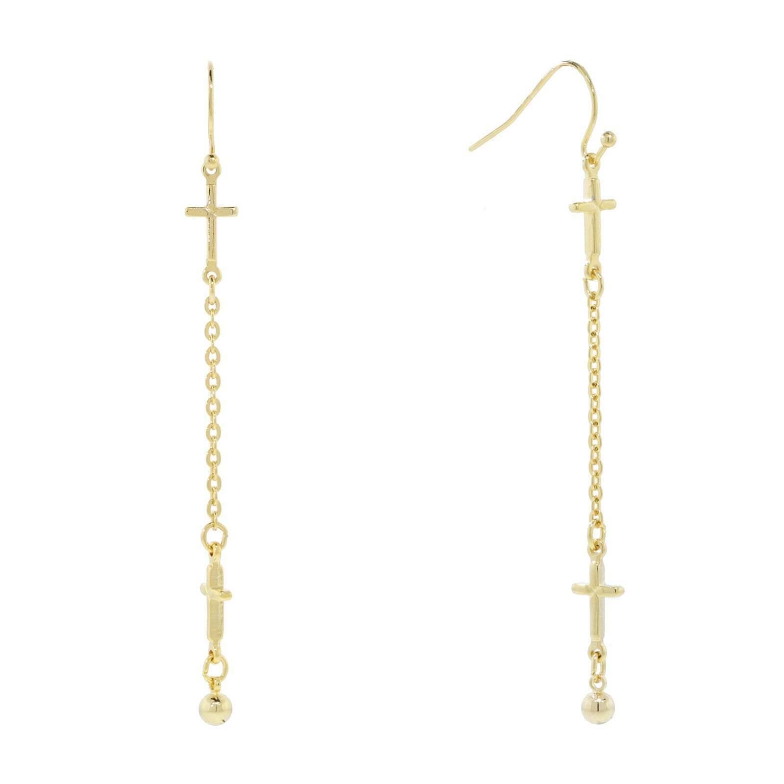 2028 Jewelry Gold Double Cross Chain Linear Drop Earrings