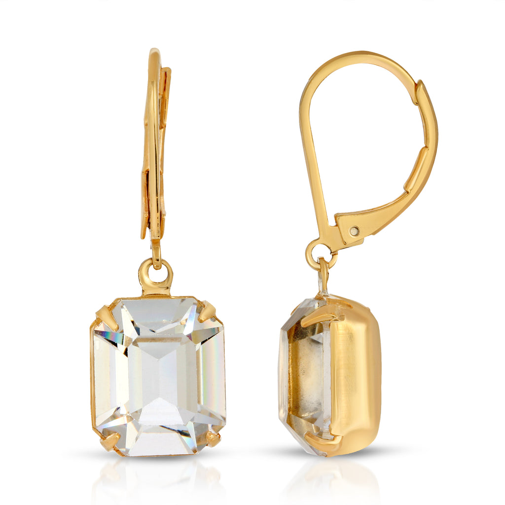 Gold Tone Octagon Drop Earrings Made With Austrian Crystals