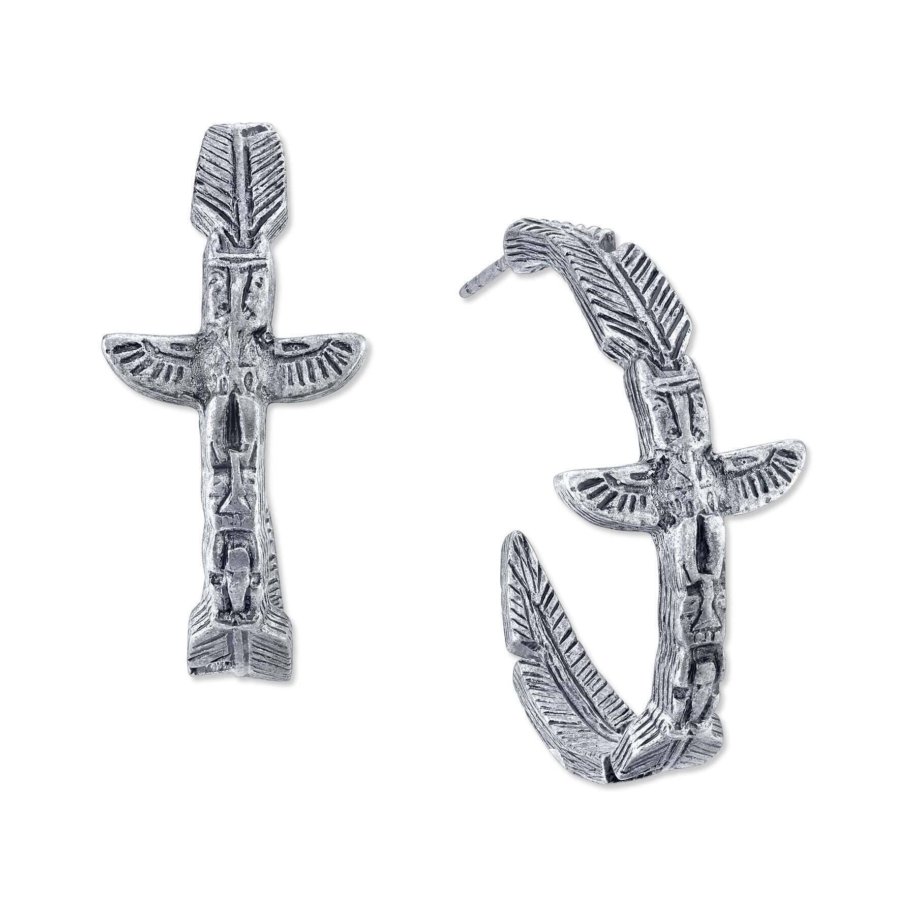 T.R.U. Pewter-Tone Feather Totem Pole Hoop Earrings