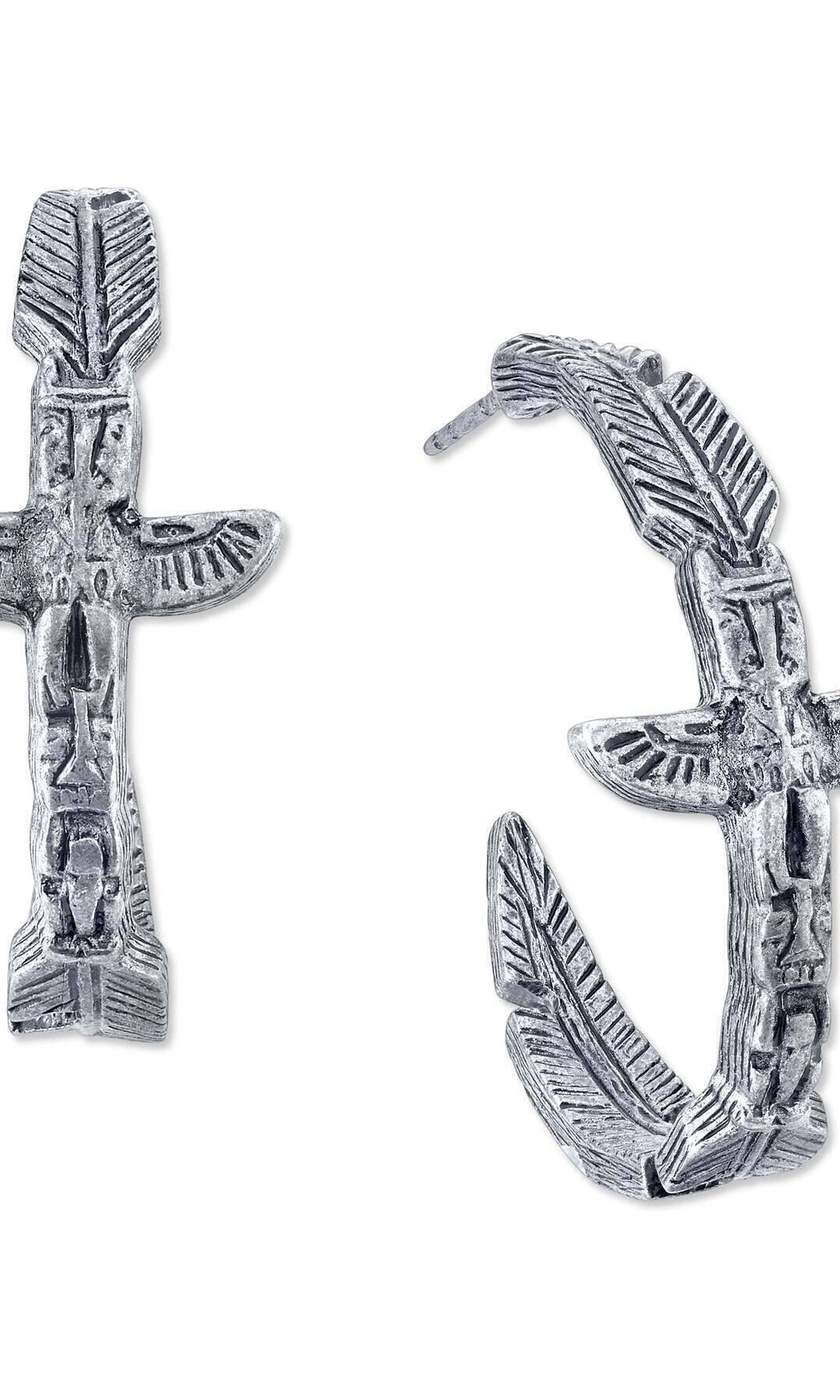 T.R.U. Pewter-Tone Feather Totem Pole Hoop Earrings