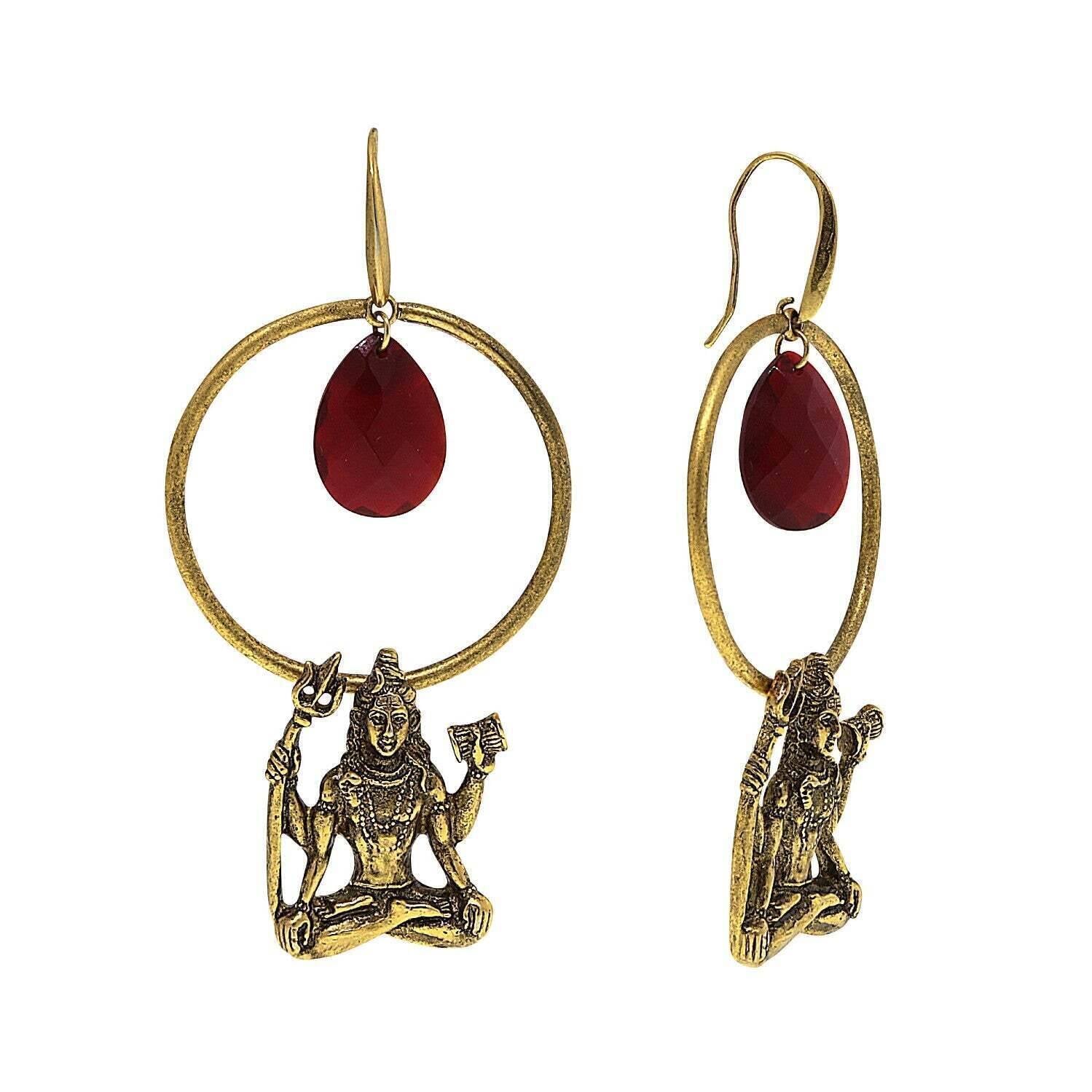 T.R.U. Goddess Shiva Hoop Earrings With Red Briolette Center