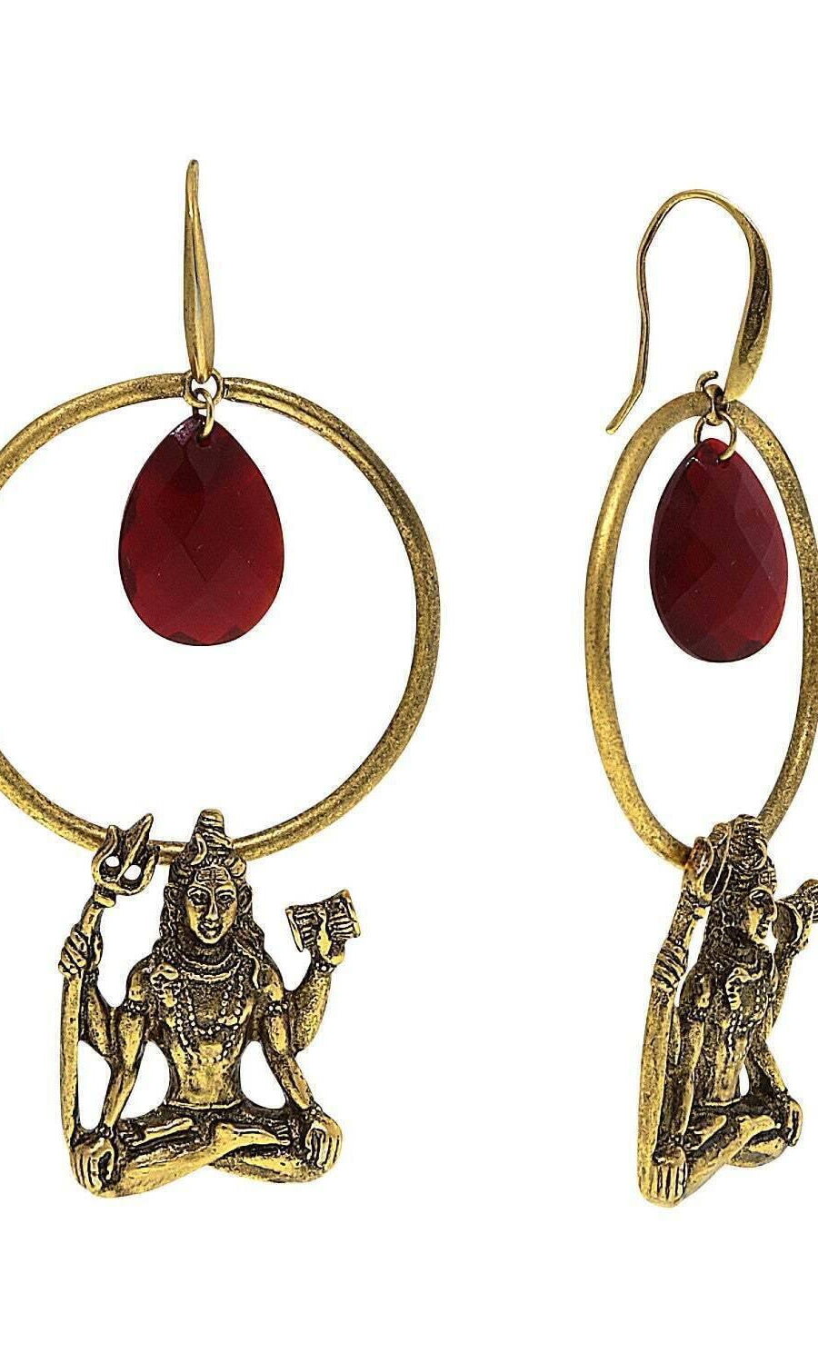 T.R.U. Goddess Shiva Hoop Earrings With Red Briolette Center