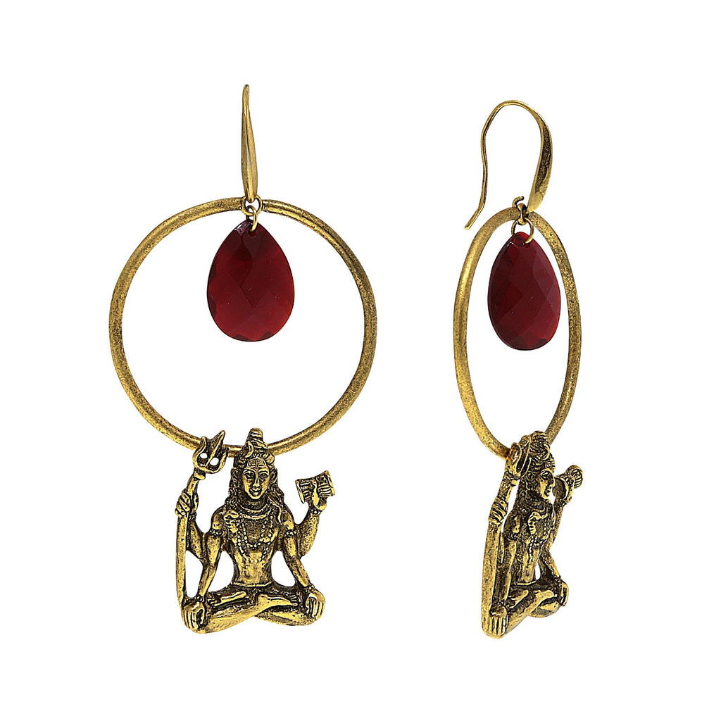   Shiva 14K Gold Dipped Hoop Earrings With Red Briolette Center