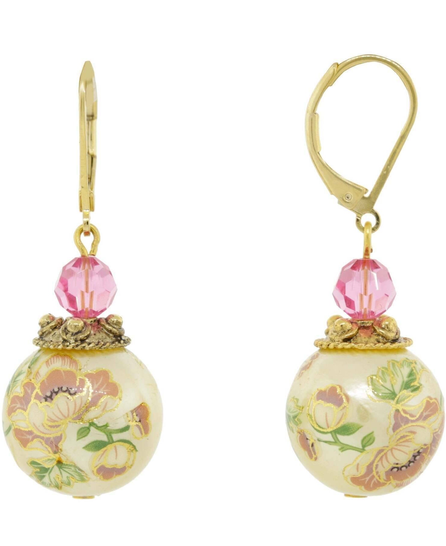 1928 Jewelry Flower Decal Faux Pearl With Pink Crystal Drop Earrings