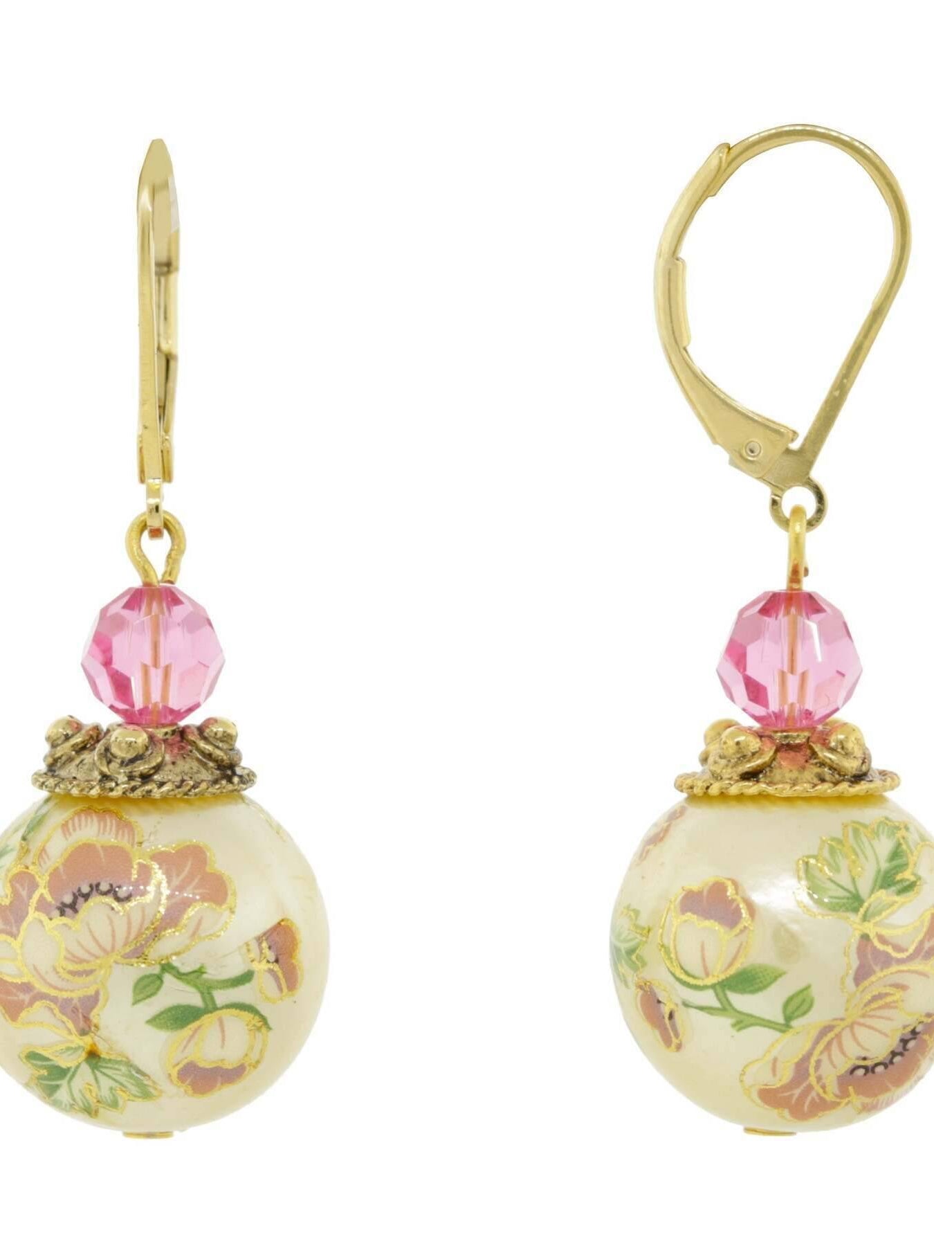 1928 Jewelry Flower Decal Faux Pearl With Pink Crystal Drop Earrings