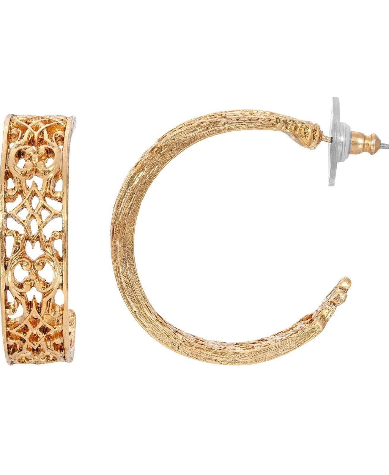 1928 Jewelry Gold Venice Treasure Filigree Hoop Earrings