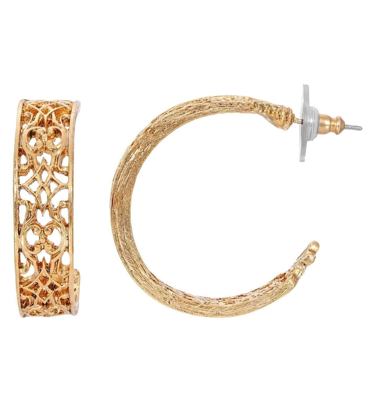 1928 Jewelry Gold Venice Treasure Filigree Hoop Earrings