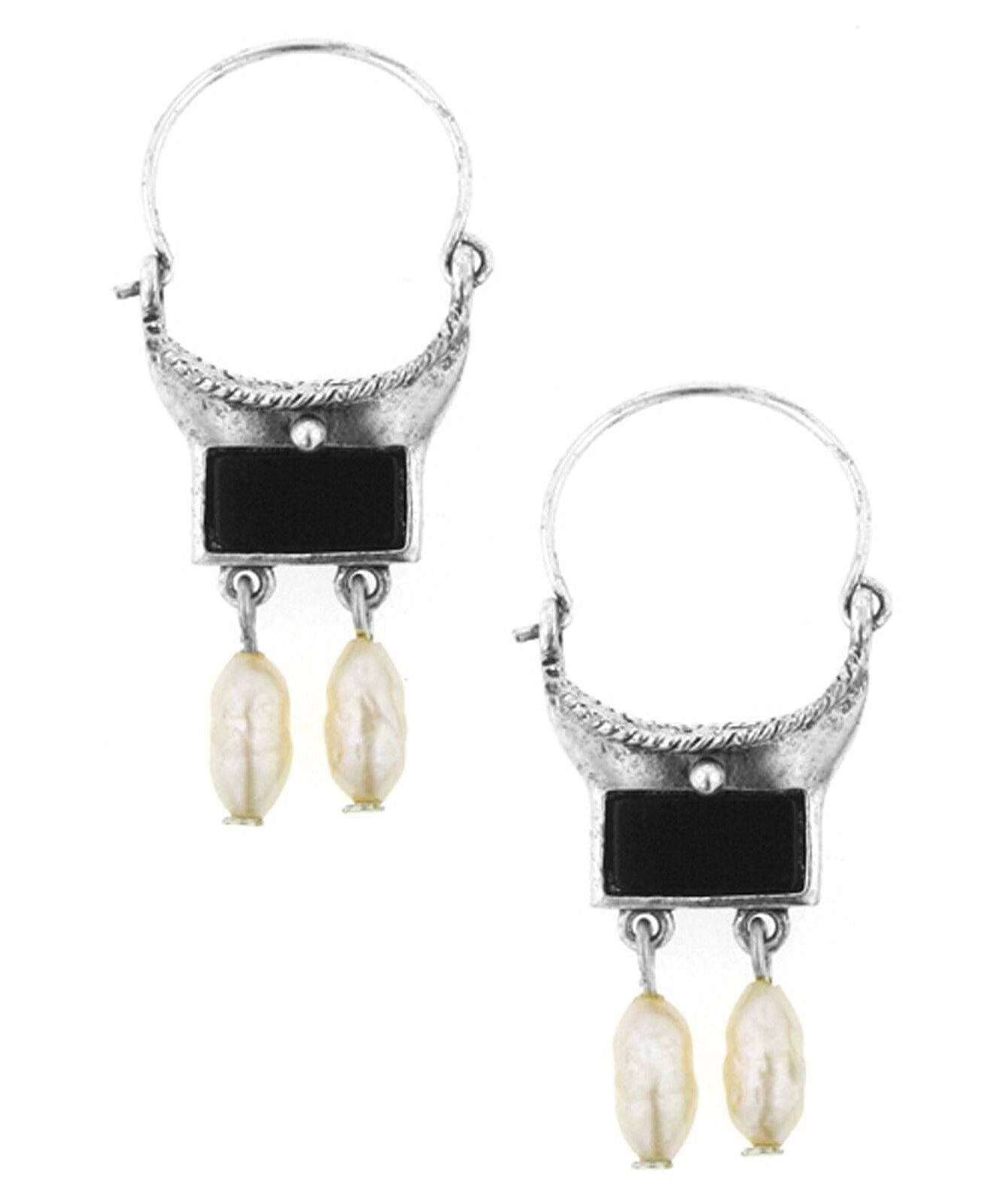 Antiquities Couture Venice Gondola Black Onyx Gemstone And Faux Pearl Hoop Drop Earrings