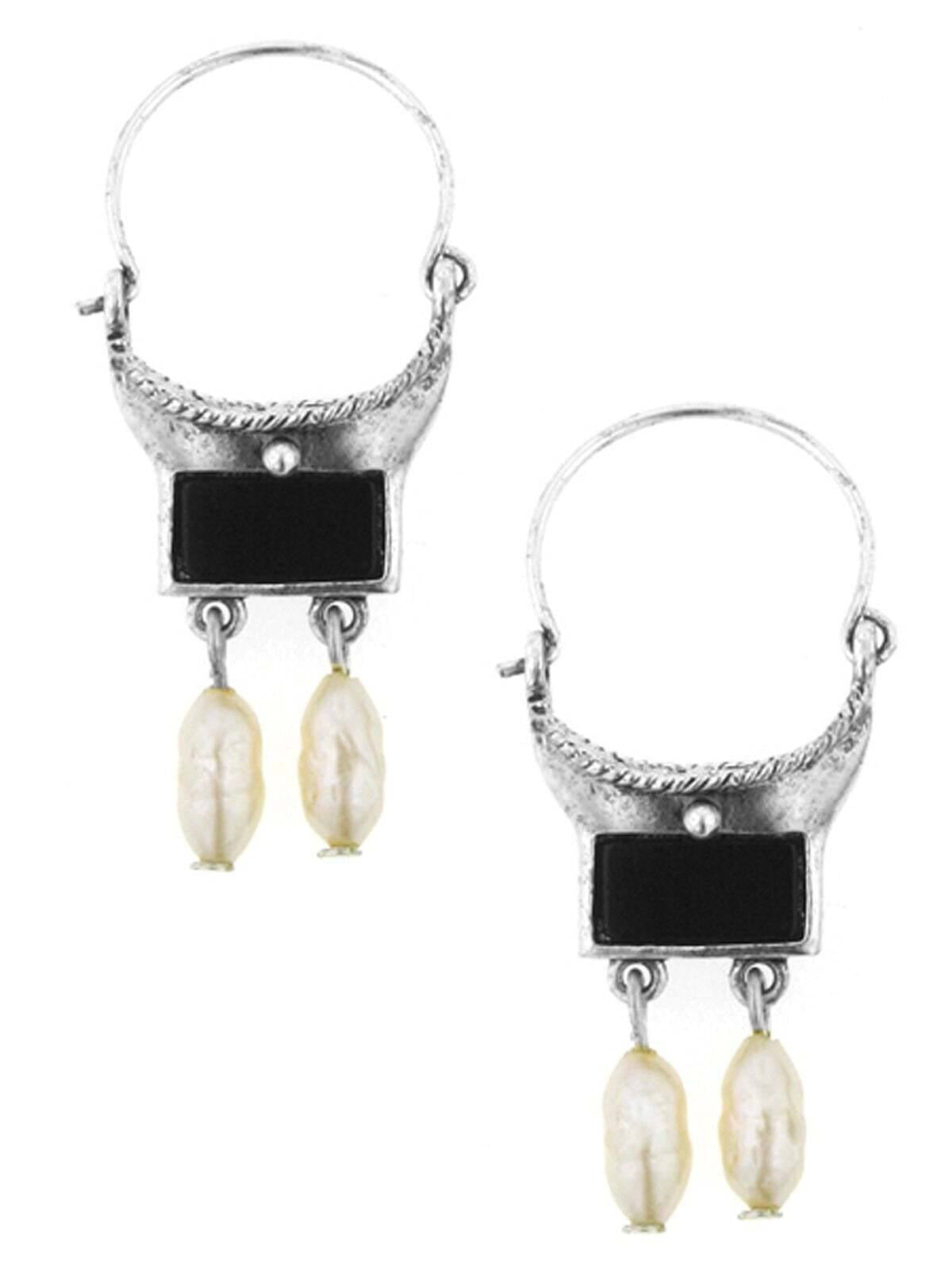 Antiquities Couture Venice Gondola Black Onyx Gemstone And Faux Pearl Hoop Drop Earrings