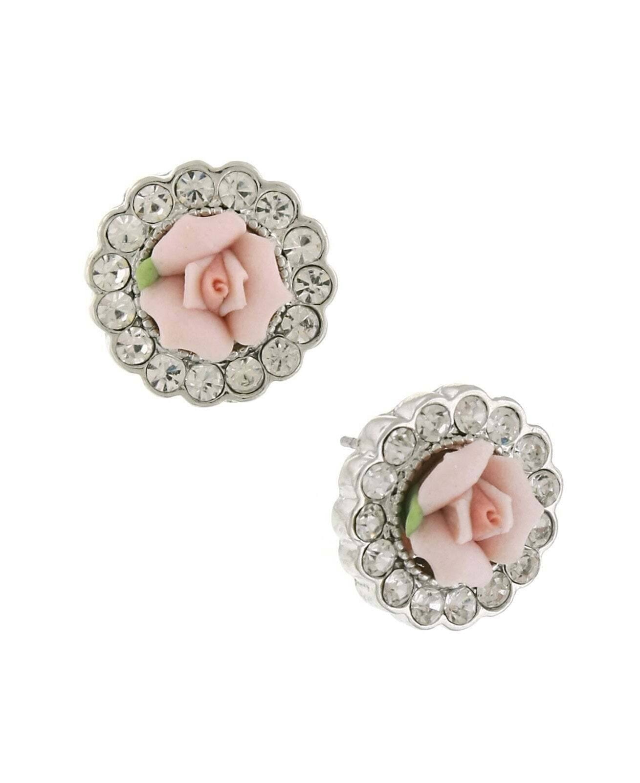 1928 Jewelry Pink Porcelain Rose Crystal Accent Post Earrings