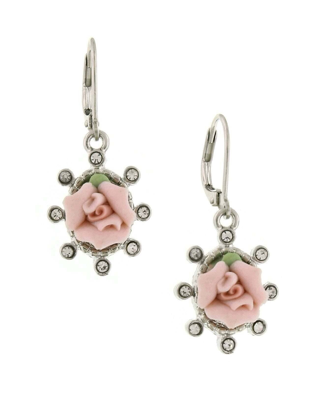 1928 Jewelry Pink Porcelain Rose And Round Crystal Drop Earrings