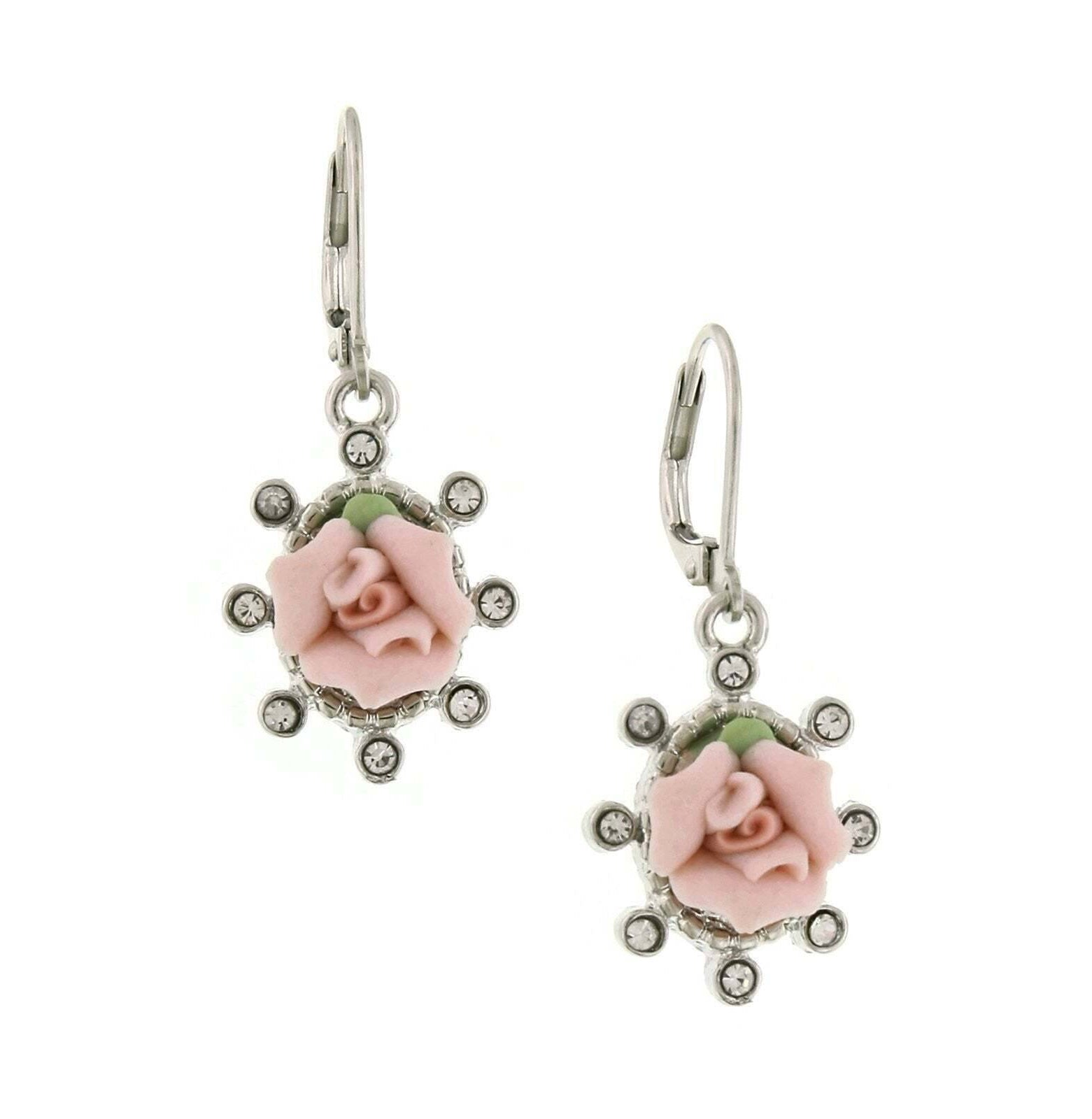 1928 Jewelry Pink Porcelain Rose And Round Crystal Drop Earrings