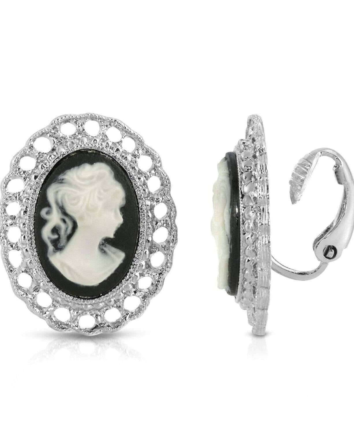 1928 Jewelry Black Cameo Oval Filigree Button Clip On Earrings