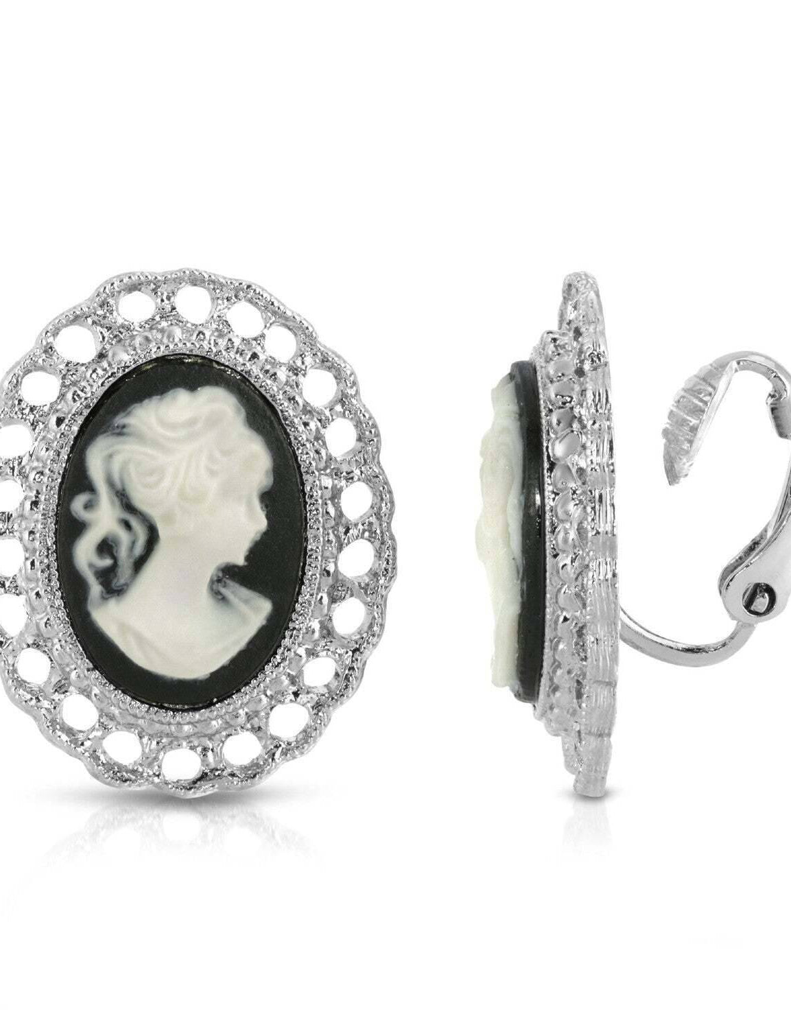 1928 Jewelry Black Cameo Oval Filigree Button Clip On Earrings