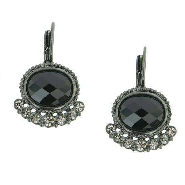 2028 Jewelry Black Oval Stone & Diamond Crystal Lever Back Earrings