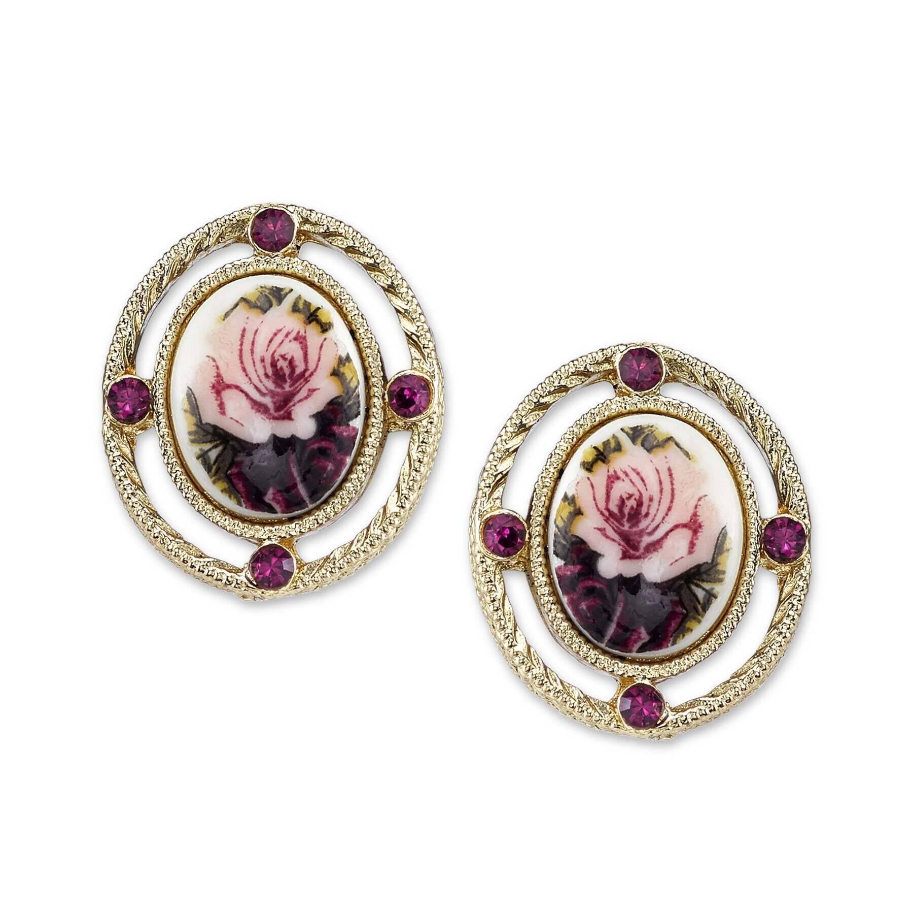 2028 Jewelry Purple And Pink Decal Floral Manor House Oval Button Earrings