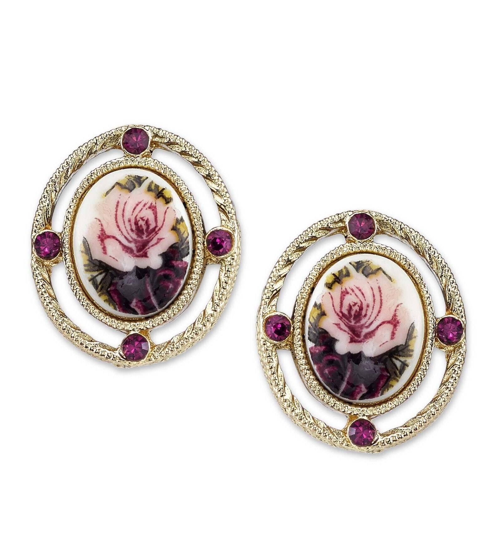2028 Jewelry Purple And Pink Decal Floral Manor House Oval Button Earrings