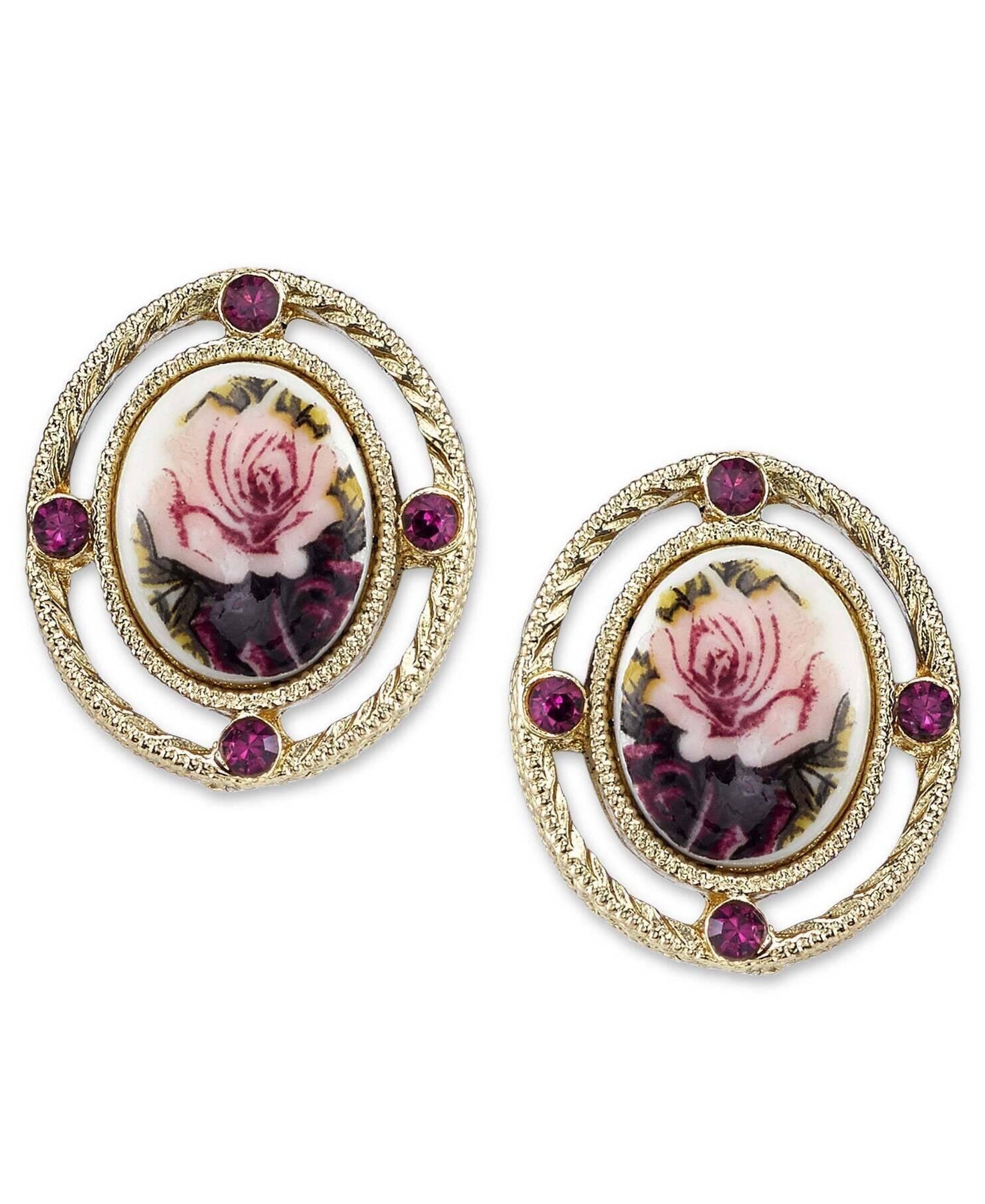 2028 Jewelry Purple And Pink Decal Floral Manor House Oval Button Earrings