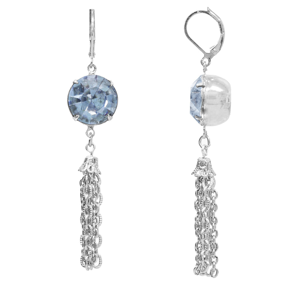 Silver Tone Lt Blue Austrian Crystal Drop Tassel Earrings