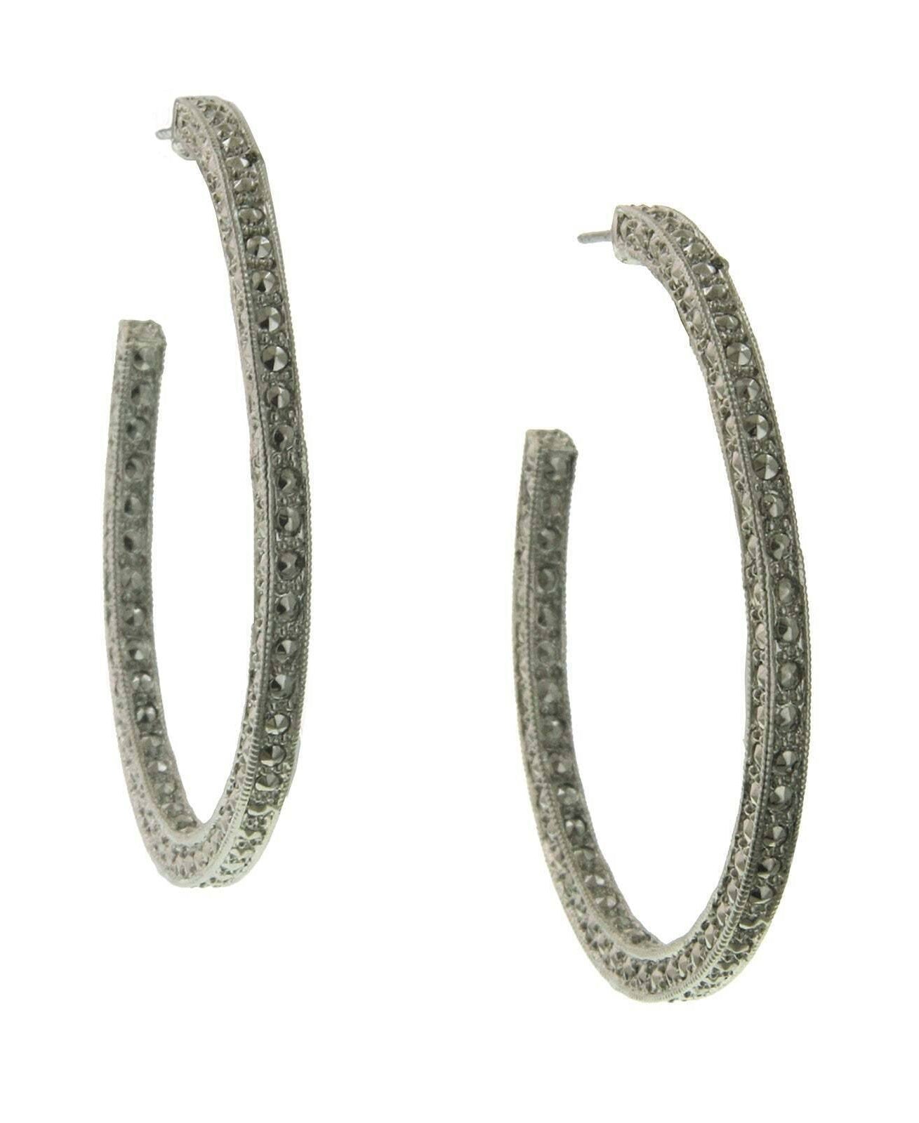 1928 Jewelry Antiqued Faux Marcasite Encrusted Hoop Earrings