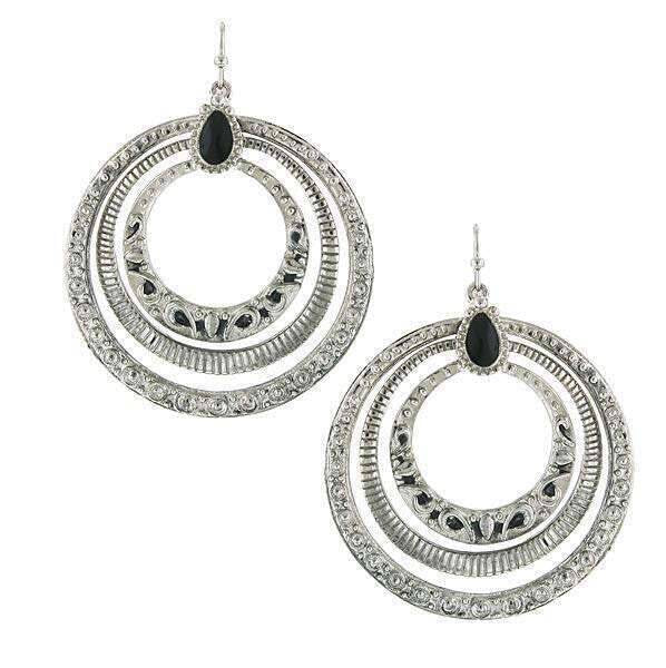 2028 Jewelry Concentric Ring Jet Black Enamel Stone Hoop Earrings