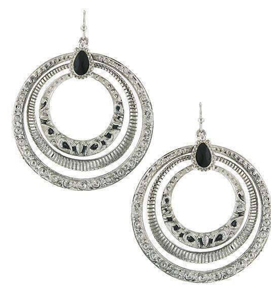 2028 Jewelry Concentric Ring Jet Black Enamel Stone Hoop Earrings