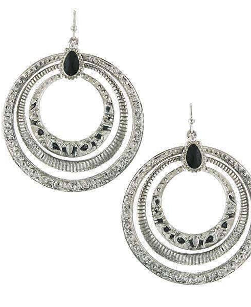 2028 Jewelry Concentric Ring Jet Black Enamel Stone Hoop Earrings
