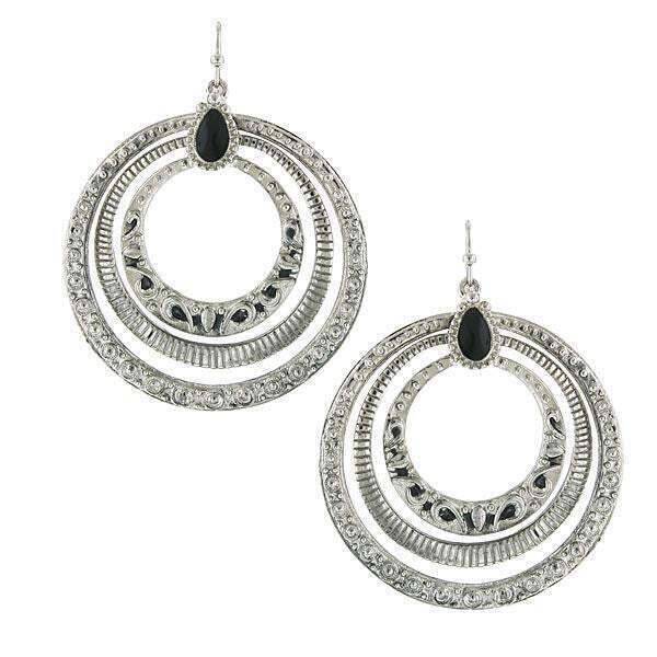 2028 Jewelry Concentric Ring Jet Black Enamel Stone Hoop Earrings