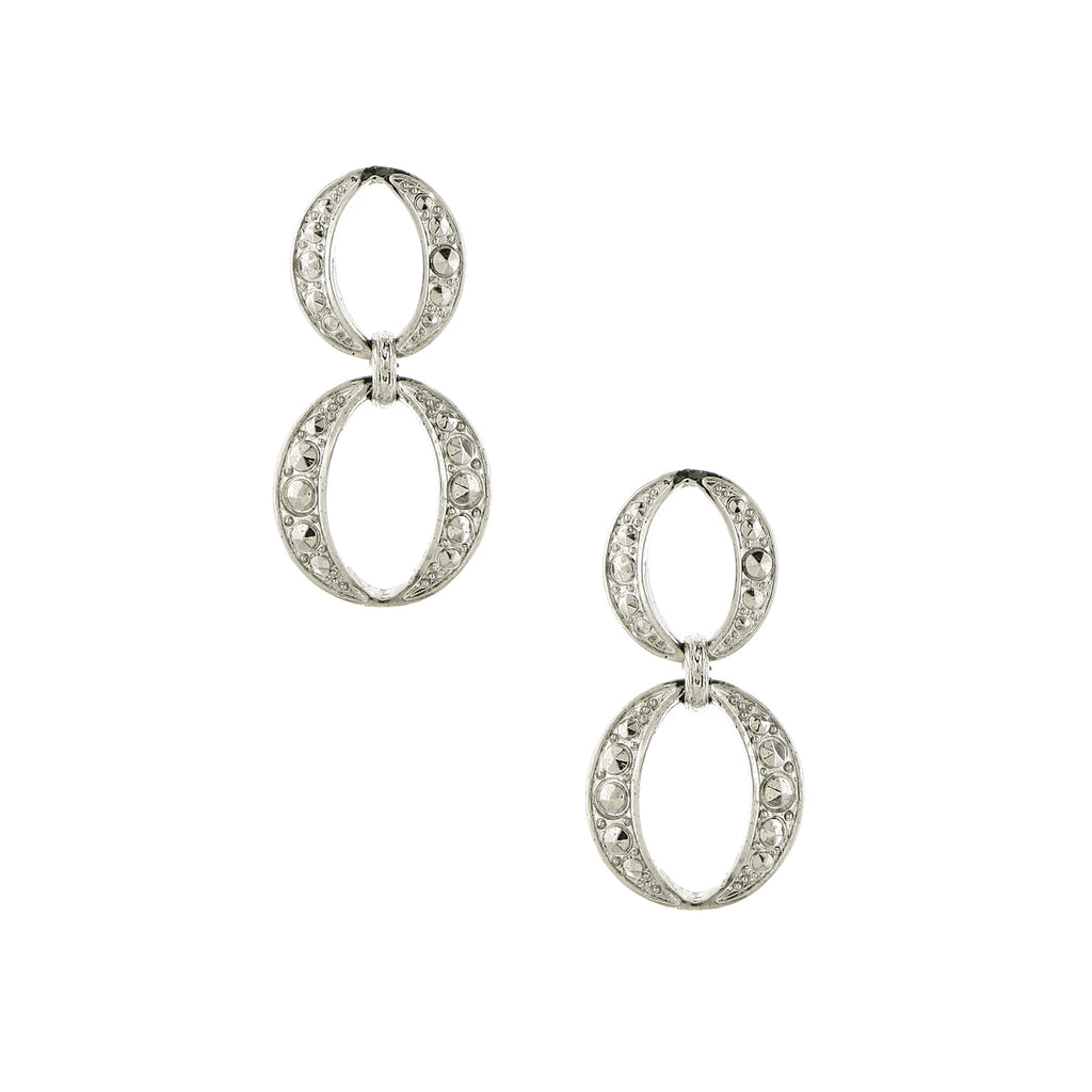 Silver Tone Doubled Circle Linked Drop Earrings