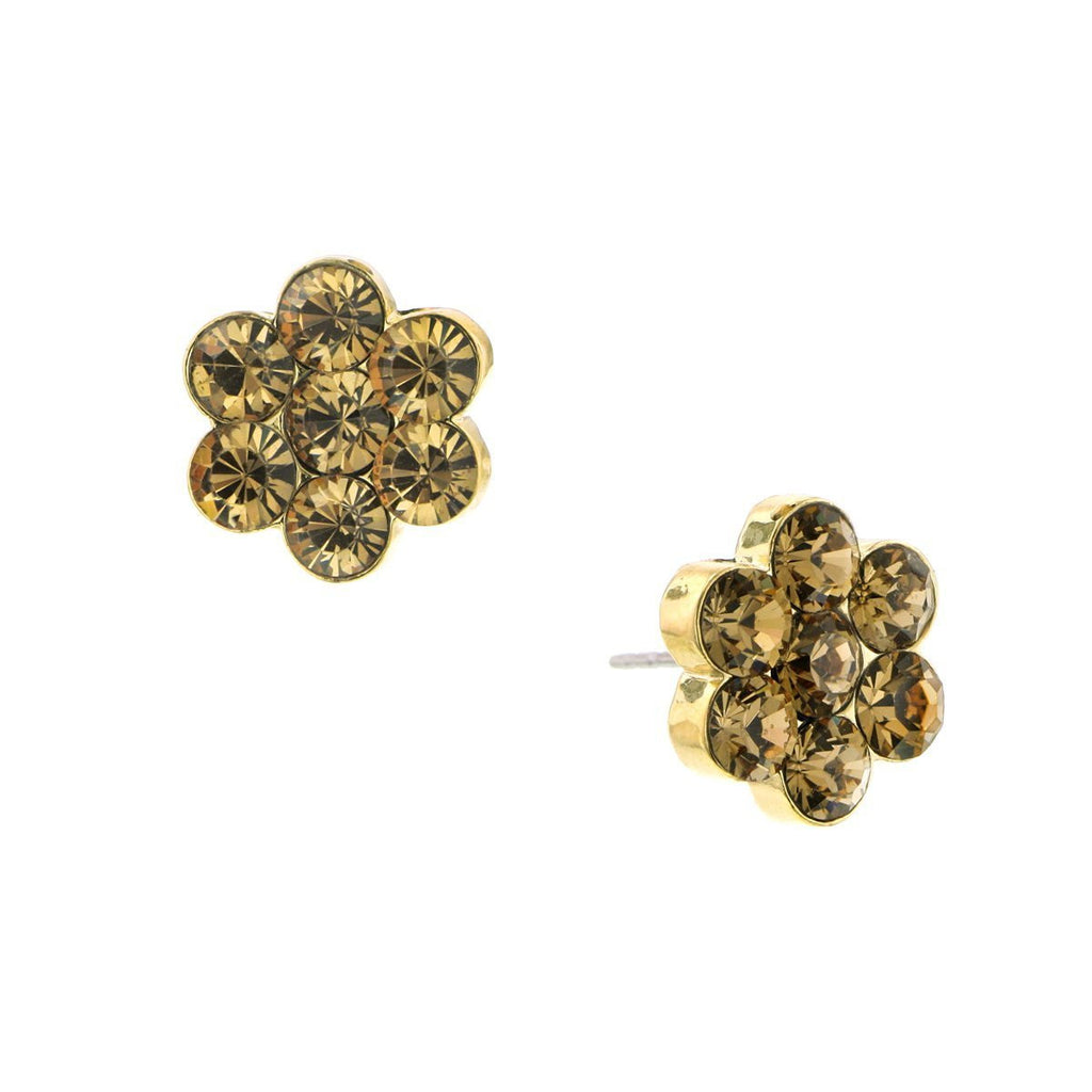 Gold Tone Light Brown Flower Button Earrings