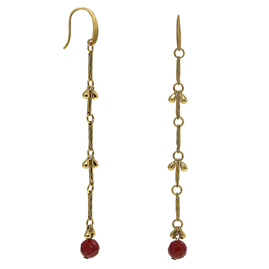 Matte Antiqued 14K Gold Dipped With Gemstone Carnelian Bead Linear Earrings