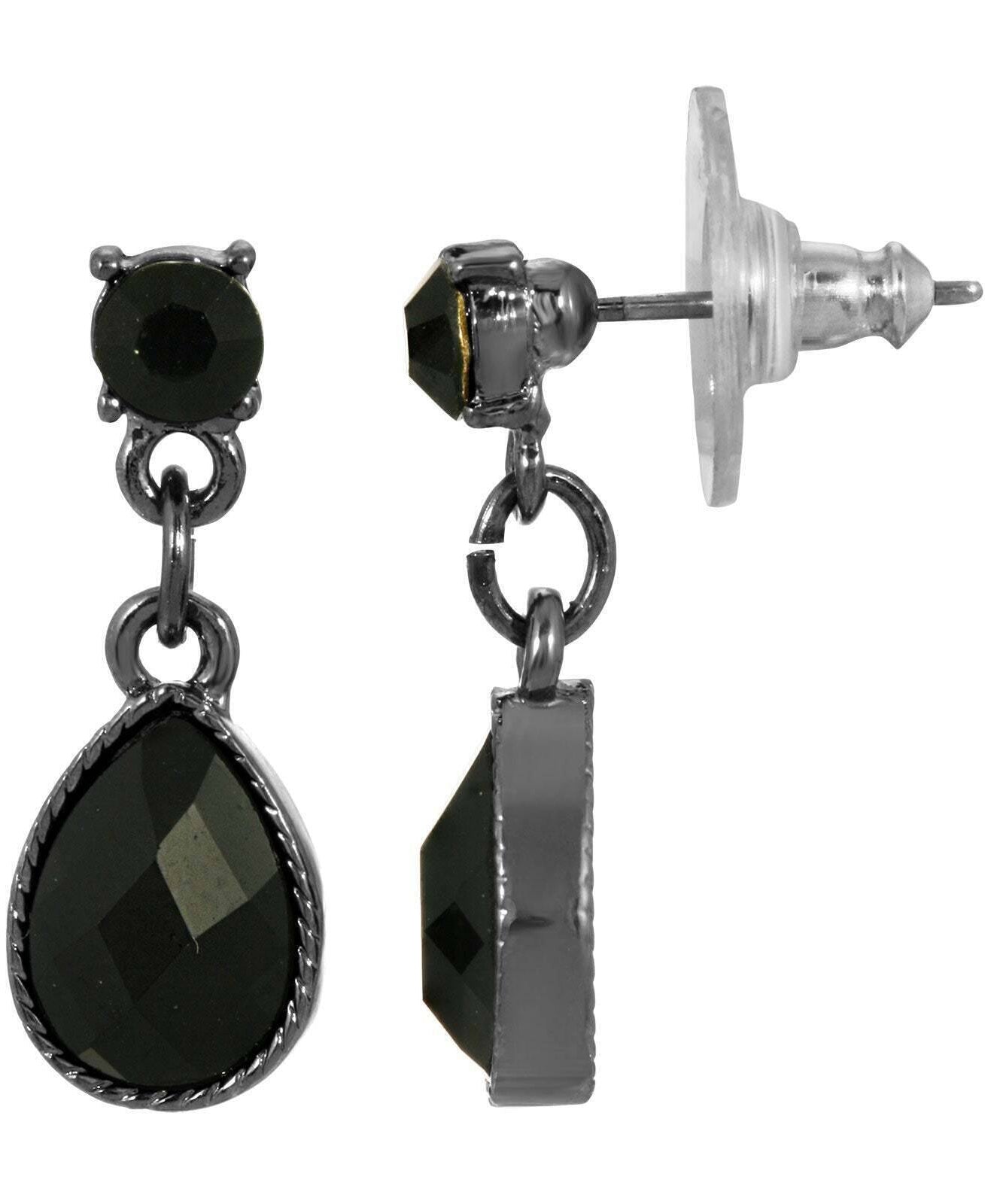 1928 Jewelry Petite Jet Black Stone Teardrop Post Drop Earrings